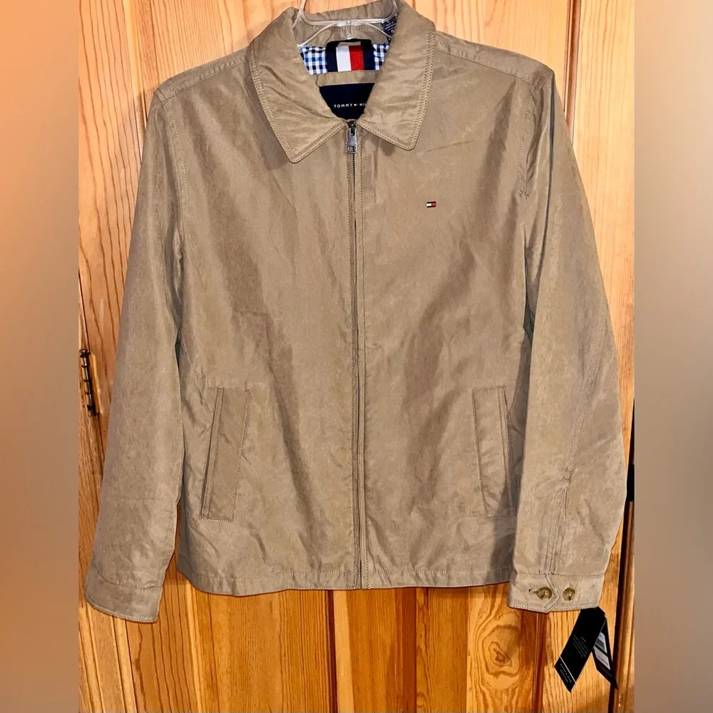 NWT Tommy Hilfiger Mens Khaki Micro Twill Jacket L Gingham Lined Harrington Coat